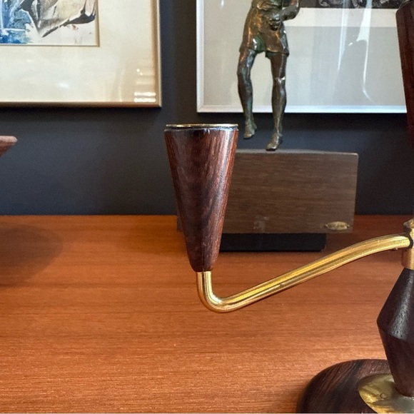 Mcm Mid-century modern vintage teak/rosewood ? brass candle holder - Picture 11 of 12